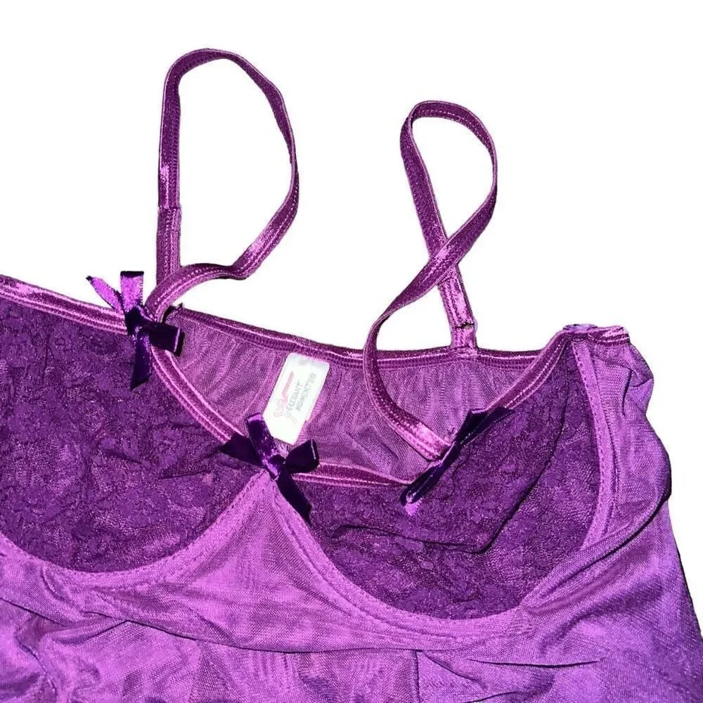 ELEGANT MOMENTS Purple Lace Cup Double Layer Babydoll Sleepwear Size L